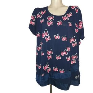Disney Parks Minnie Mouse Bow Print T-Shirt Navy Blue Layered Hem Womens 1X